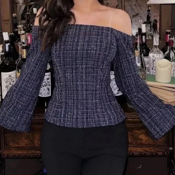 NWT ZARA Tweed Textured Off Shoulder Top Flare Sleeve 8741/257/030 Size SMALL - Picture 5 of 15
